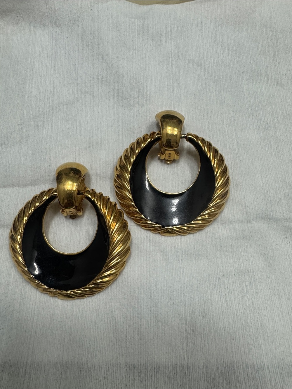 St. John Black Enamel and Gold-Tone Twisted Hoop Drop Earrings